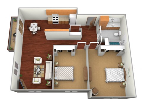 a floor plan of a two bedroom apartment with two bathrooms and a living room with a fireplace at Northridge Apartments, Pine City, 55063